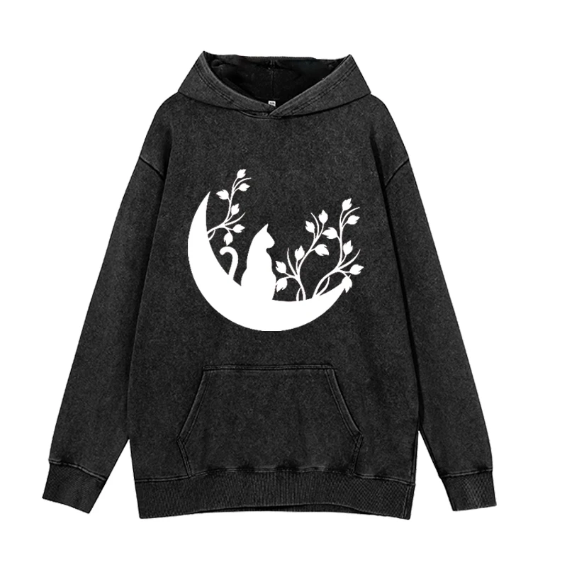 

Black Moon Cat Printed Round Neck Hoodie Cotton Autumn/Winter Casual Men's and Women's Couple's Hoodie