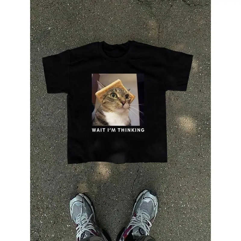 

Wait I'm Thinking Meme T-shirt, Funny Cat Graphic Tee, Humorous Sarcastic Top, Pet Lover Gift, Oversized Unisex Streetwear