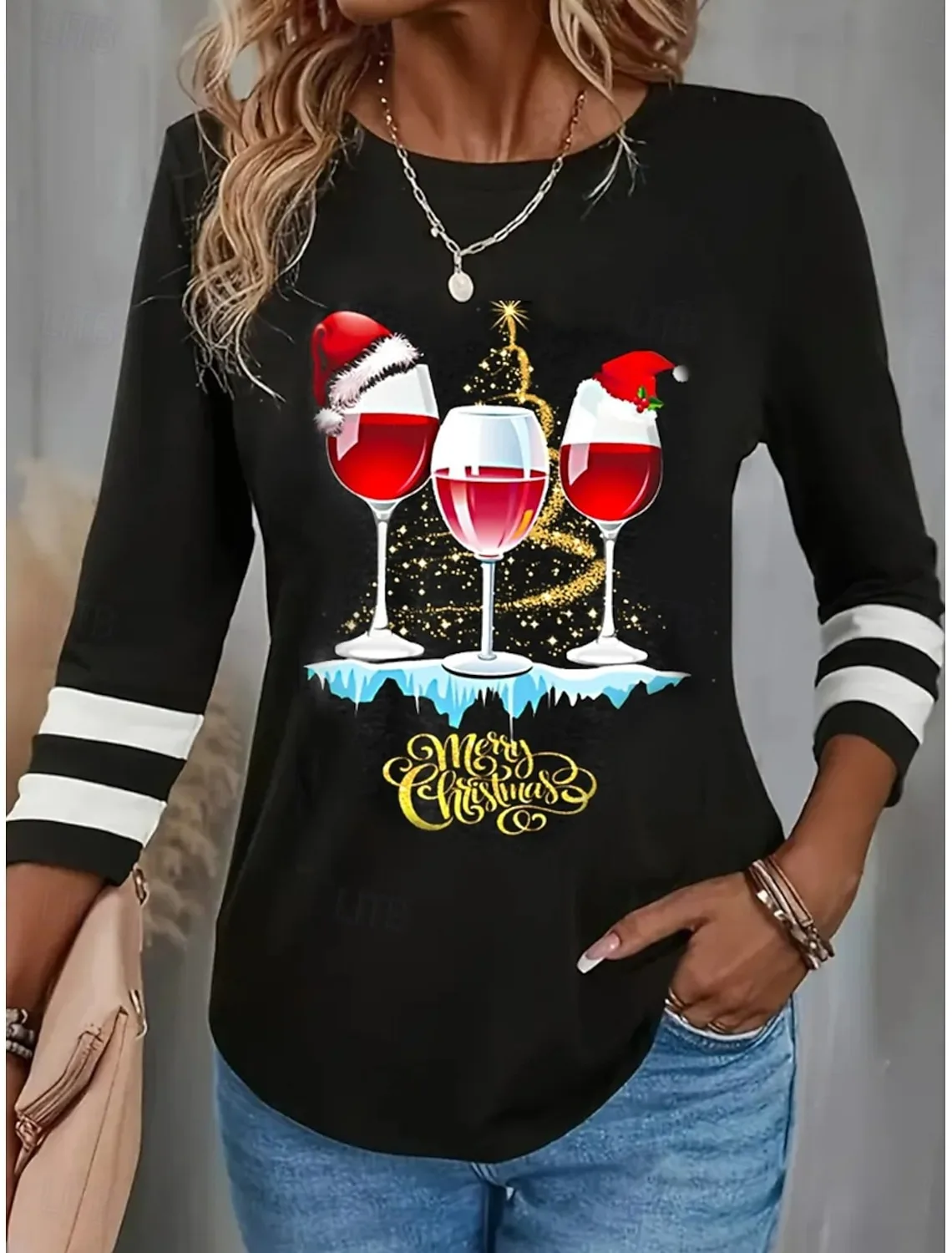 عيد الميلاد النبيذ الأحمر الزجاج 3D الطباعة المرأة طويلة الأكمام تي شيرت أزياء طاقم الرقبة اليومية مهرجان حزب عارضة الملابس النسائية #3