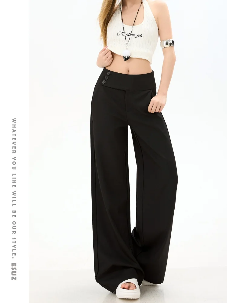 Black Three-Button Wide-Leg Casual Pants Women's Summer New Design Drapey American Loose Match All Straight Leg Suit Pants