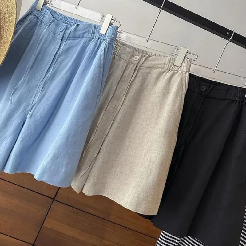 Japanese Simple Solid Color Pure Cotton Linen Casual Versatile Straight Elastic Waist Shorts Women's Middle Pants