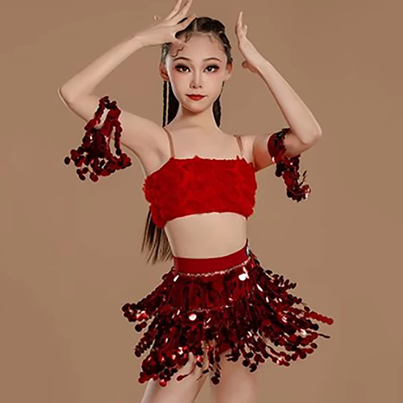 

Latin Dancewear Kids Girls Sleeveless Shining Spaghetti Strap Top and Skirts Practice Sets Childrens Professional Dance Costume
