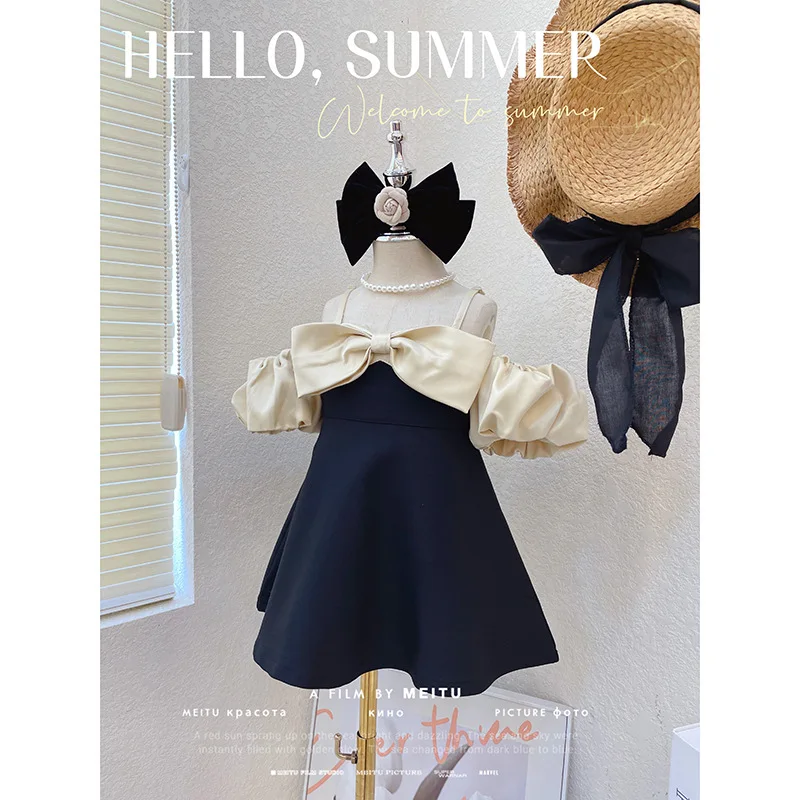 

2024Summer Girls Small and Older Children Birthday Dress New Children's Dress Summer Bow Suspenders Princess Skirt