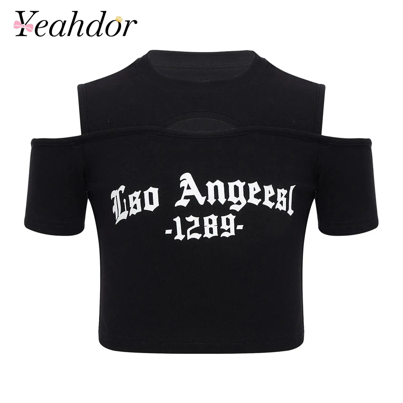 

Fashion Kids Girls Letter Print Crop Top Cold Shoulder Short Sleeve Round Neck T-shirt for Skateboarding Hip Hop Jazz Dance