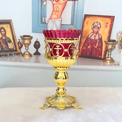 Eastern Orthodox Lamp Religious Oil Lamp Zinc Alloy Orthodox Cross Design Glass Cup Wick Holder for Home Home Worship Box Gift
