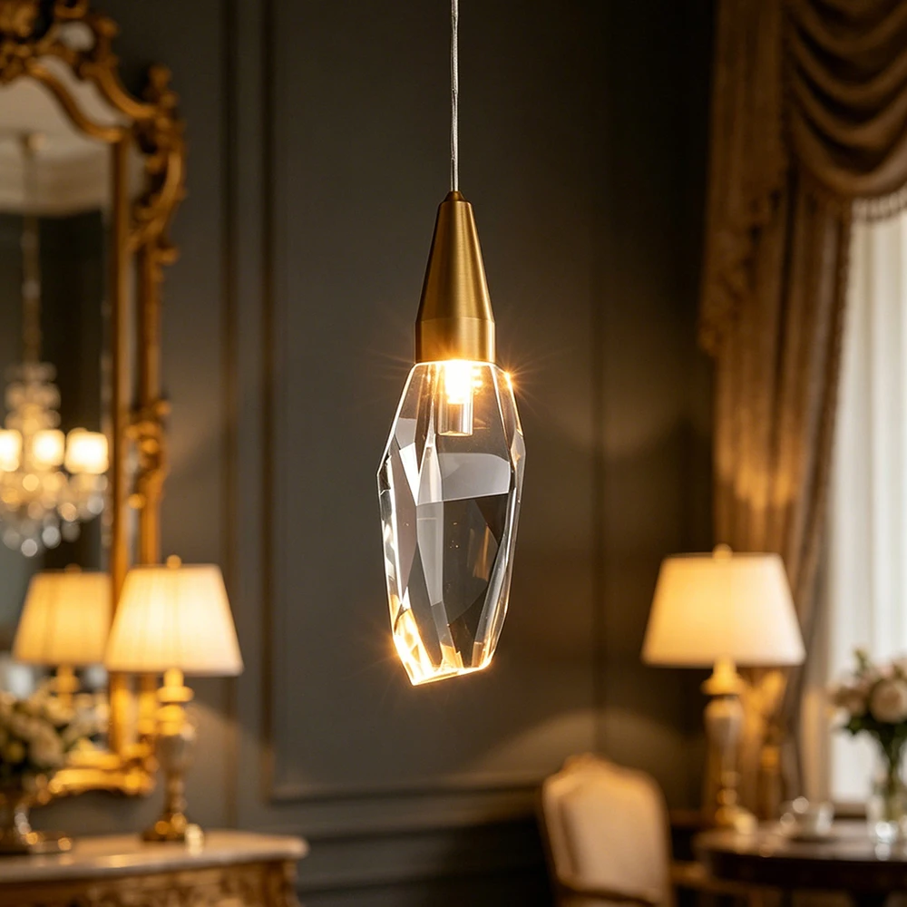 Modern Brass Crystal Pendant Light Mini Diamond Shape Hanging Lamp for Bedroom Bedside
