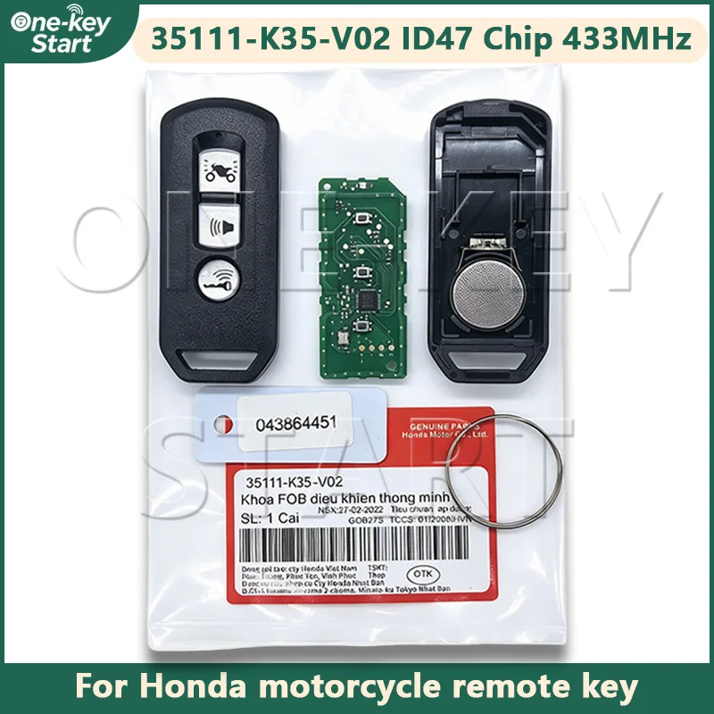 35111-K35-V02 ID47 Chip 433MHz Motorcycle Remote Key For Honda PCX 125/150 SH 125i/150i Forza 125/300 2015-2019【ONE-KEY START】