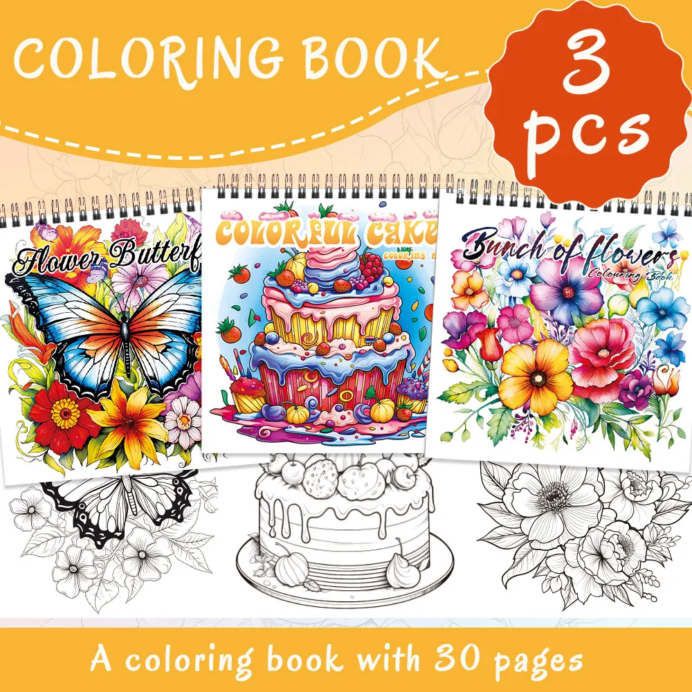 3pcs Women's Leisure Coloring Book Set, Floral Butterfly Cake Designs,Thickened 30 Pages Spiral Bound,Stress Relief & Relaxation