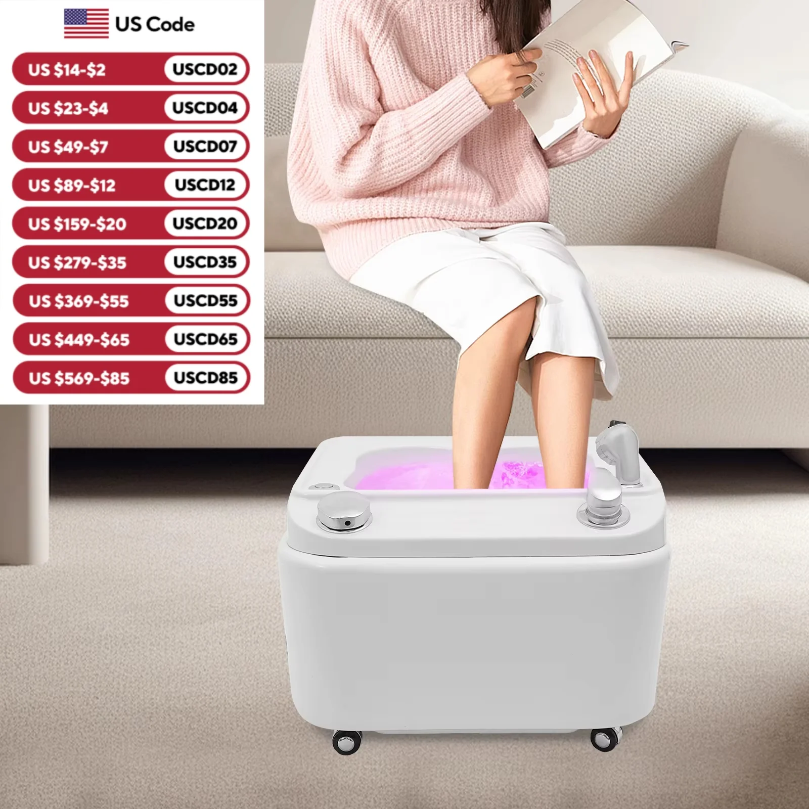 

Footbath Beauty Salon Acrylic Massage Surf Light Spa Footbath Foot Therapy Bow lwith 4 universal wheels 2outlet modes