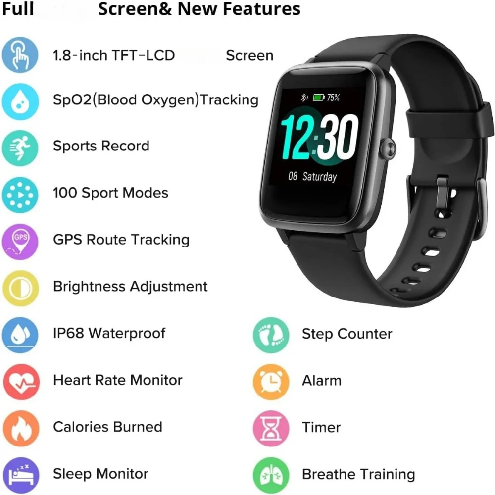 Fitness Tracker w Heart Rate Monitor Smart Watch 1.8 inches Color Touch Screen IP68 Waterproof Step Calorie Counter Sleep image 2