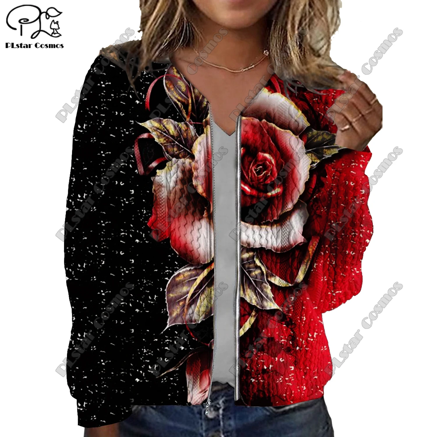 New 3D printed flowers, roses and butterflies pattern printed women's jacket threaded texture casual authentic short jacket