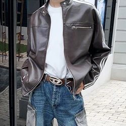 Mens Autumn Biker White Stripe Maillard Leather Jacket Genderless Trendy Retro Casual Street Simple Leather Jacket Unisex