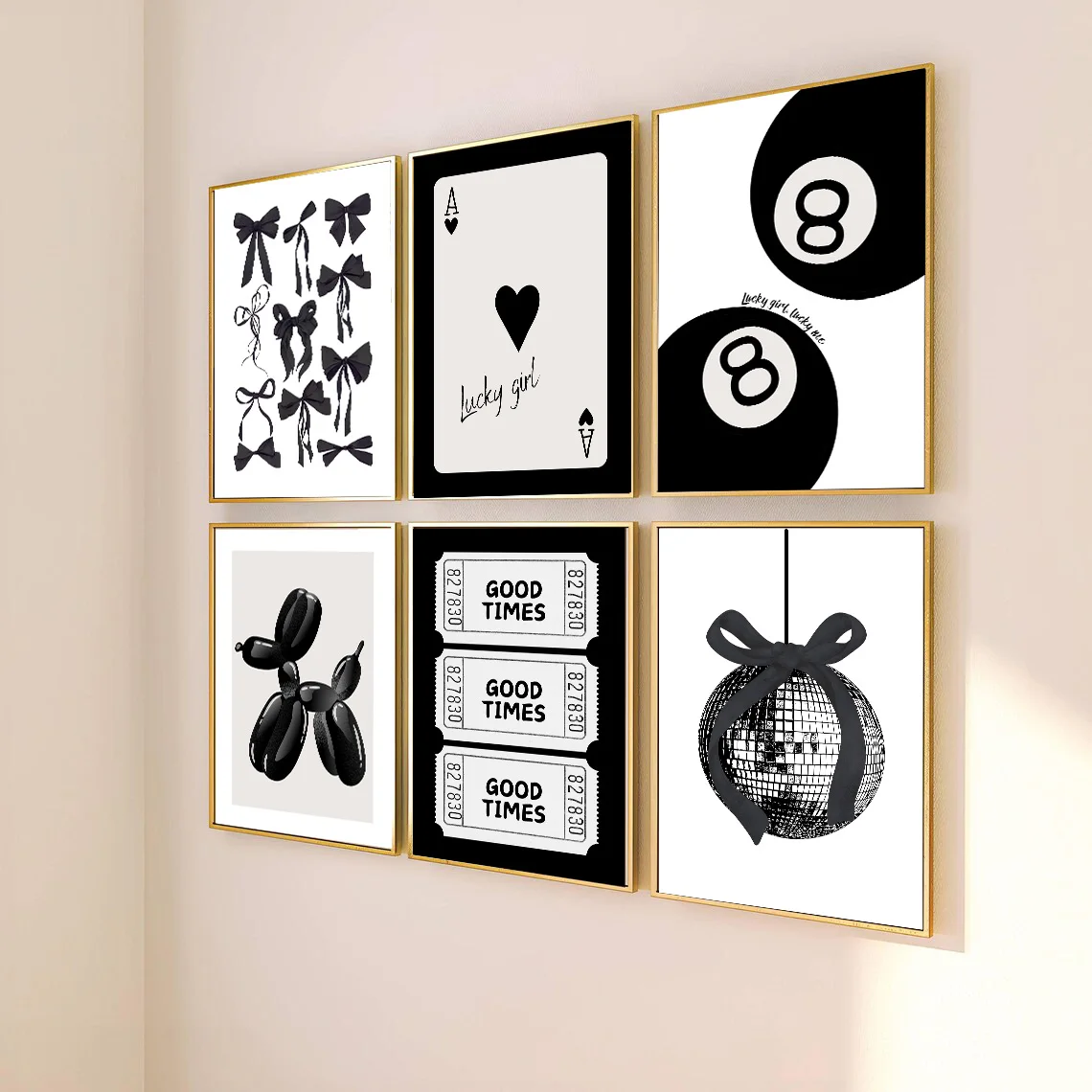 مجموعة من 6 أقواس بيضاء سوداء غير مؤطرة ديسكو الكرة Preppy الفن العصرية المشارك Coquette جرلي غرفة ديكور غير تقليدي اللوحة قماش طباعة #3