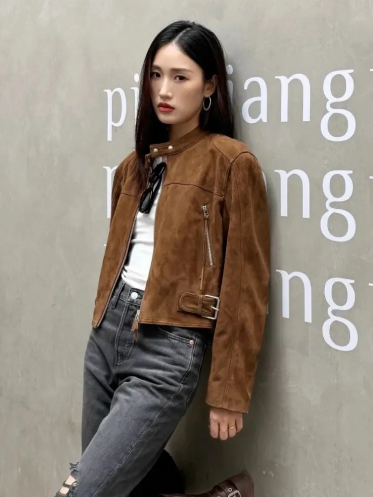 Streetwear Women Vintage Sheepskin Suede Motorcycle Jacket Stand Collar Genuine Leather Short Coat Zipper New Casual Outerwear