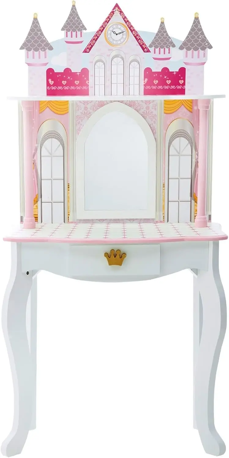 Kids Dreamland Princess Play Vanity Set with Mirror, Shelf, Storage Drawer, Stool, and Accessories for 12