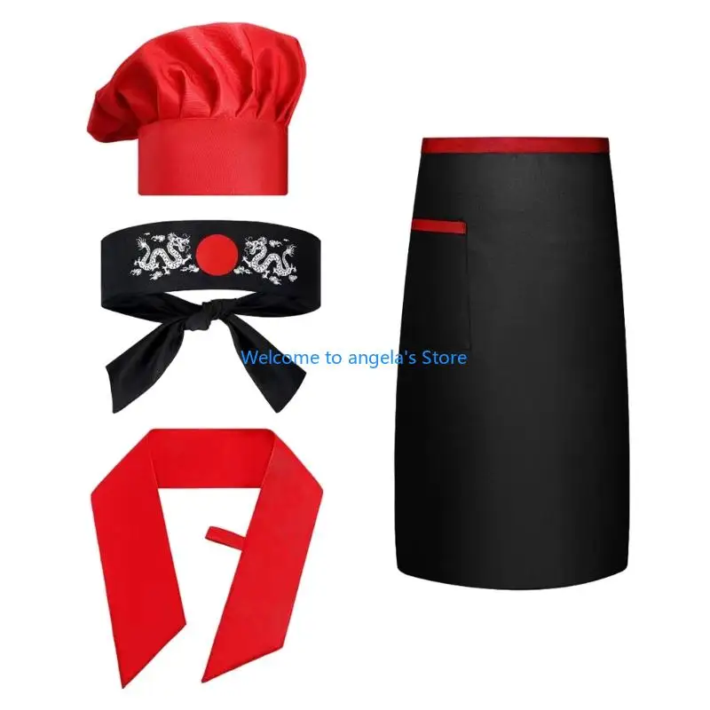 X4YC Hibachi szefa kuchni kostium zestaw 4 szt. Hibachi szefa kuchni kapelusz i fartuch z pałąkiem na głowę krawat Cosplay na