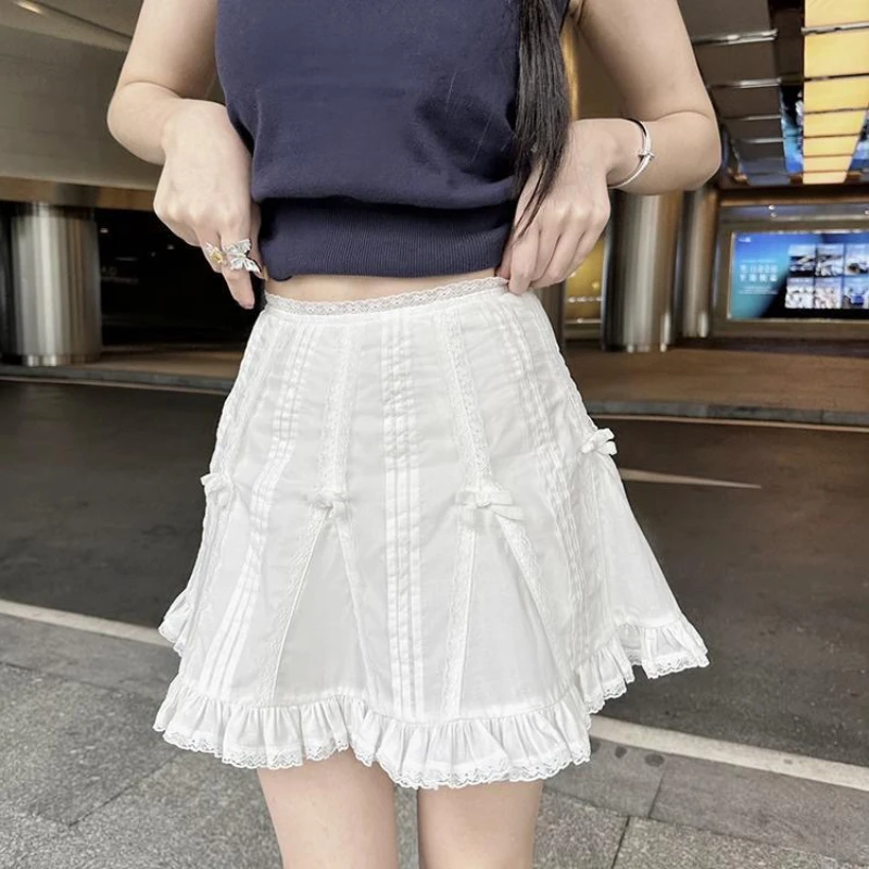 Deeptown-minifalda blanca con volantes para mujer, falda Kawaii de encaje, Patchwork, Lolita, básica, informal, estética Y2k
