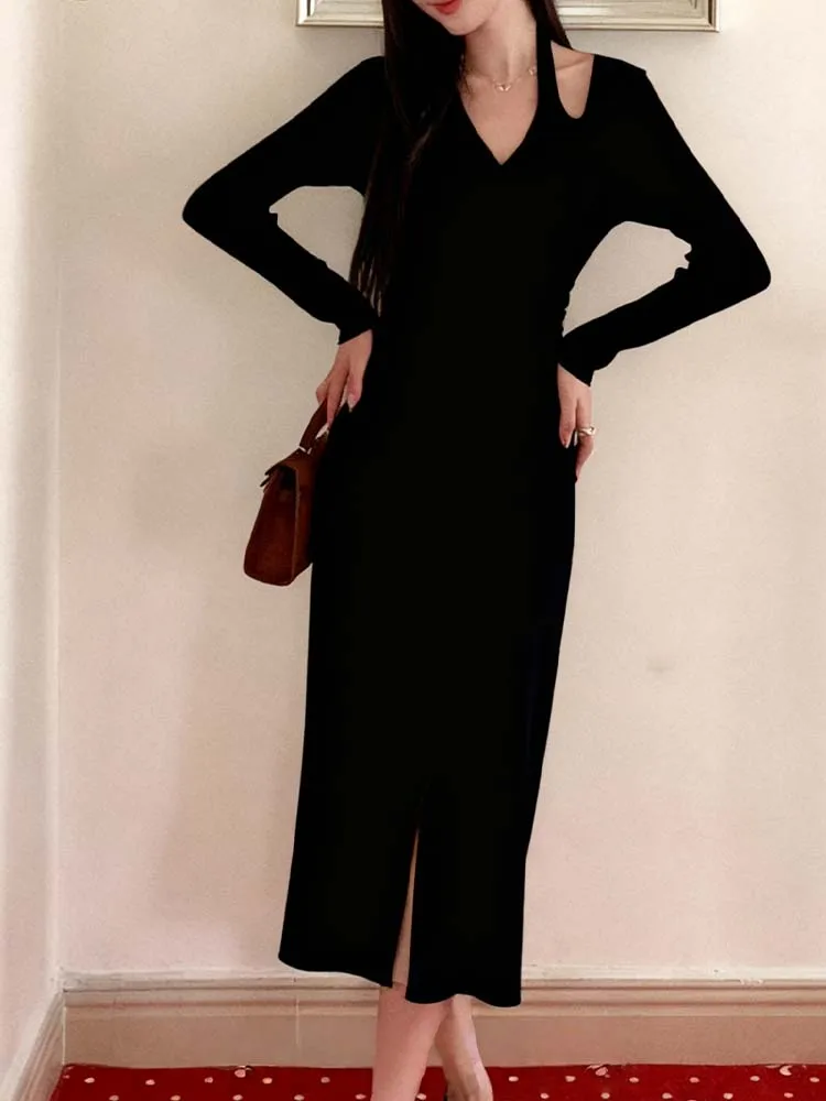 

Тонкое вязаное платье с v-образным вырезом и длинными рукавами в стиле ретро, новинка 2025, модная осенняя женская одежда