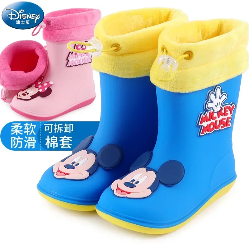 Disney children\'s rain boots boys and girls plus velvet rain boots children\'s Mickey baby non-slip lightweight warm water shoes