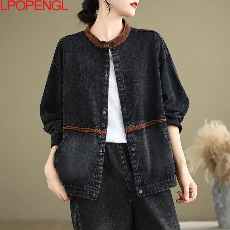 Autumn And Winter Vintage Denim Jacket Women's Patchwork Knitted O-neck Cardigan Loose Fashion Single Breasted Streetwear Coat