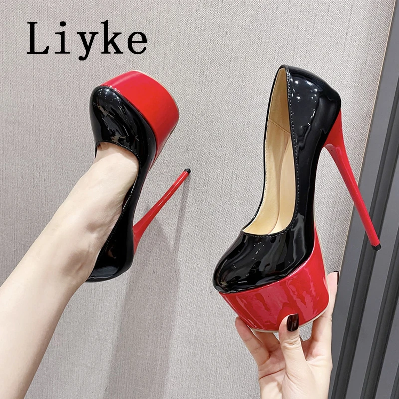 Liyke Classics Black Red High Heels For Women Sexy Shallow Round Toe Slingback Platform Pumps Wedding Banquet Shoes Stilettos