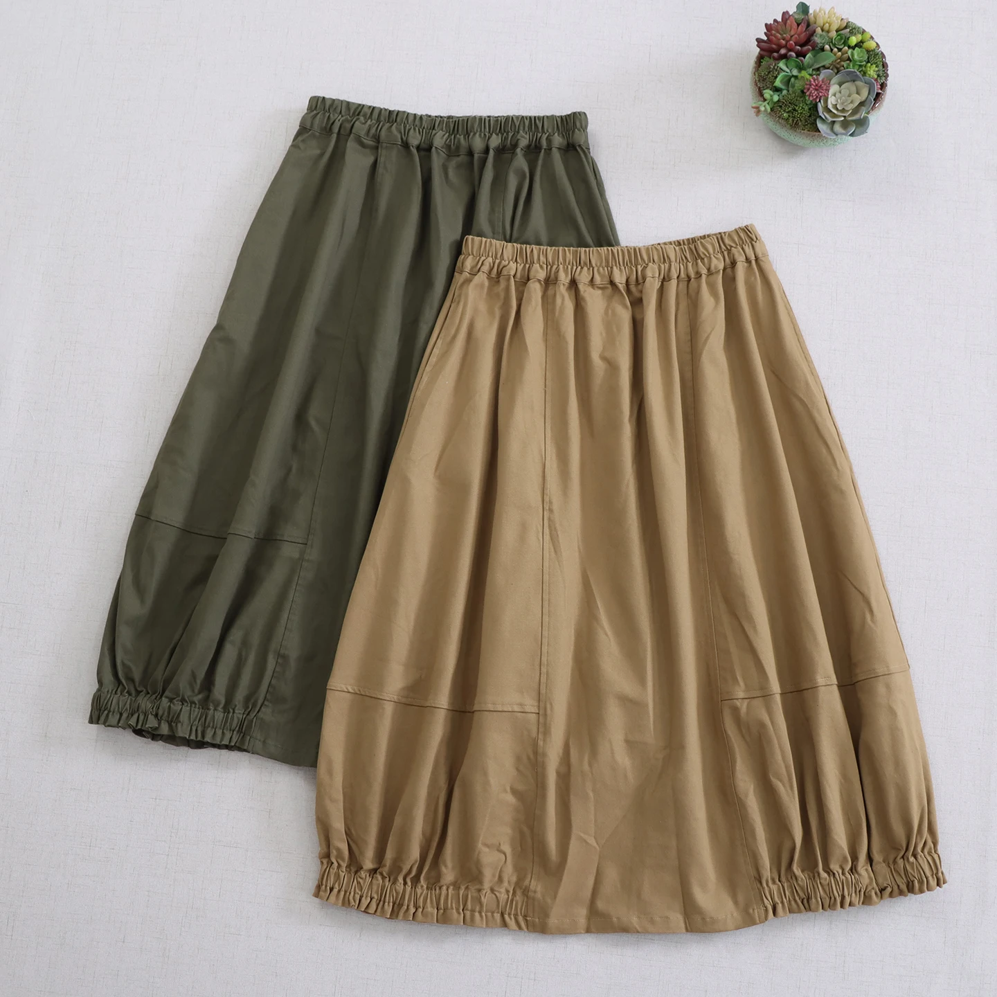 

Japanese Sweet Mori Girl Solid Color Elegant Cotton Skirts Women Autumn New Elastic Waist Casual Loose Midi Bud Skirt