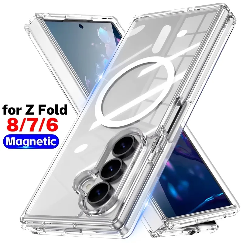 For Magsafe Anti-Scratch PC Clear Phone Case for Samsung Galaxy Z Fold 8 7 6 Wireless Charging Corners Reinforced Hard Cover