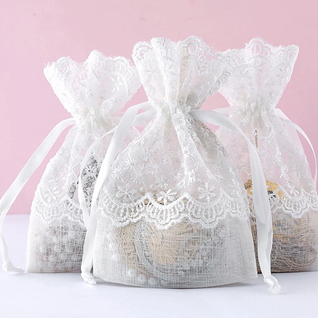 High Quality 1PC/5PCS Wedding Candy Drawstring Bag Lace Jewelry Dried Flowers Storage Bag Slub Yarn Gift Pouch 14*10CM