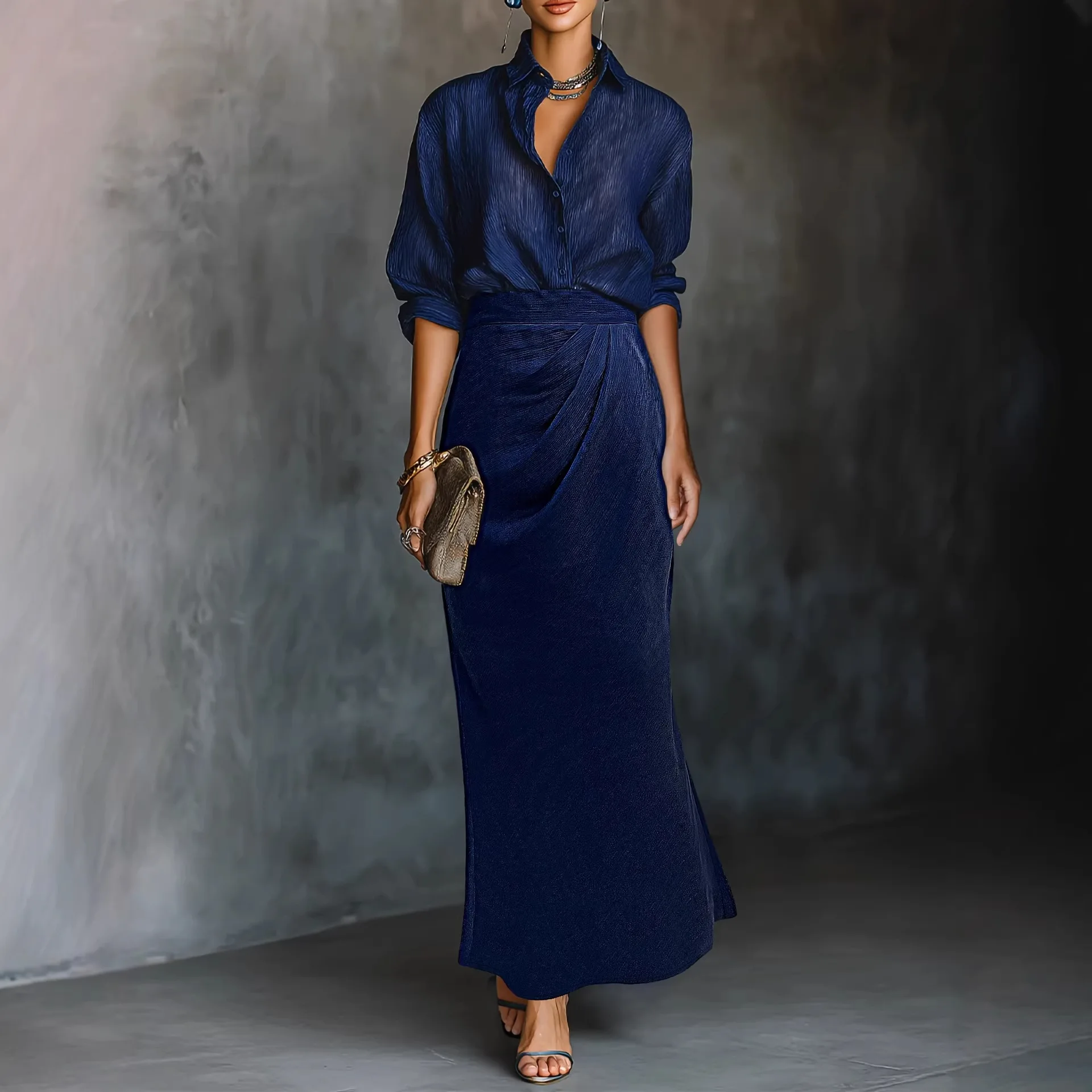 Women's Two-piece Set: A Simple. And Elegant Lady Cloth-style Outfit Featuring A Flowing Blouse And A High-waisted Pleated Skirt