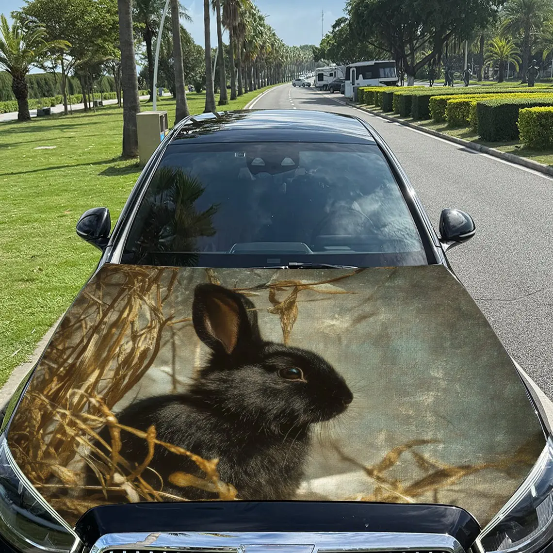 Car Decals Black Rabbit in Straw Nest Car Hood Sticker, Waterproof Self - Adhesive Vinyl Graphics Decals, Decorative Protective