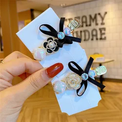 Korean Ribbon Bow Hair Clips for Women Crystal Camellia Flower Hairpins Barrettes Temperament Headpiece Girls Hair Accessories