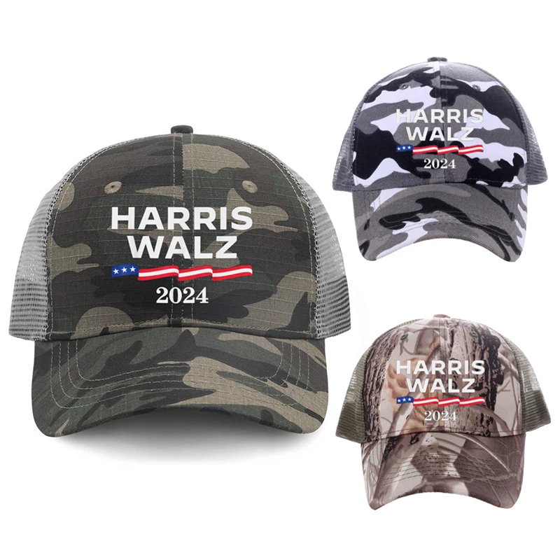 Patriotic Election Support Headwear American Flag Baseball Cap Mesh Back HARRIS WALZ 2024 Camo Trucker Hat for Men Women