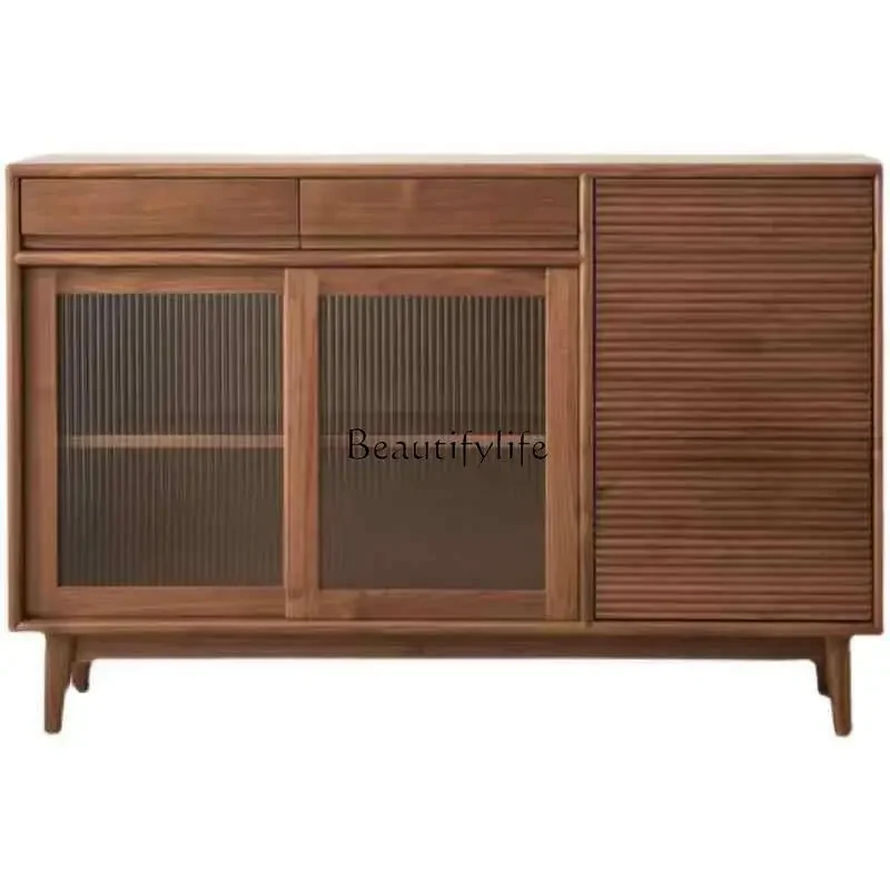 

LJY*Black walnut dining side cabinet Nordic all solid wood living room storage glass short cabinet
