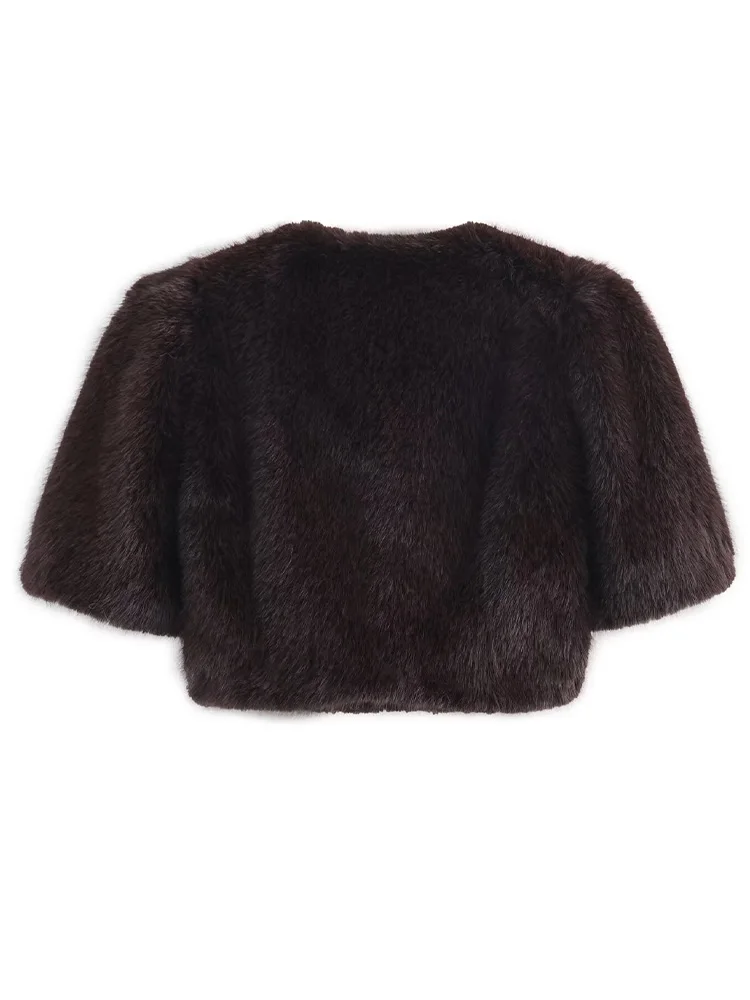 Hh feminino inverno quente casual efeito de pele artificial gola redonda curto topo feminino botão escondido meia manga moda sólida topo