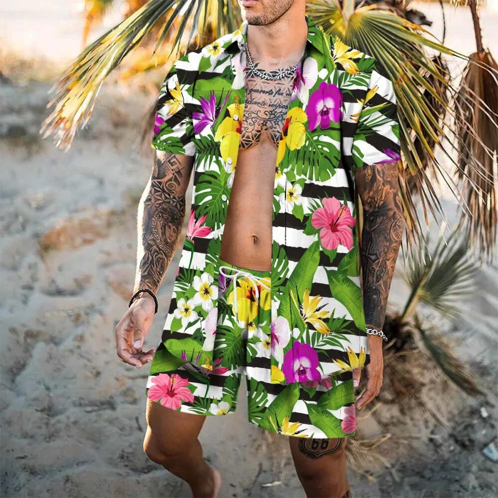 2025 New Hawaiian Men's Shirt 2-Piece Summer Short-Sleeved Button-Up Shirt Beach Shorts Holiday Men's Daily 2-Piece Suit