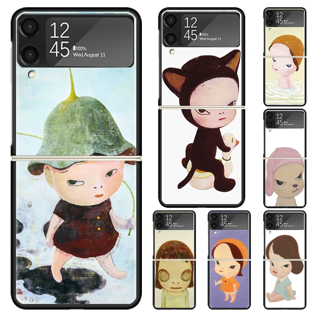Y-Yoshitomo Nara Hard PC Phone Case For Samsung Galaxy Z Flip 7 6 5 4 3 Black ZFlip7 ZFlip6 Flip5 Flip4 Flip3 5G Print Cover