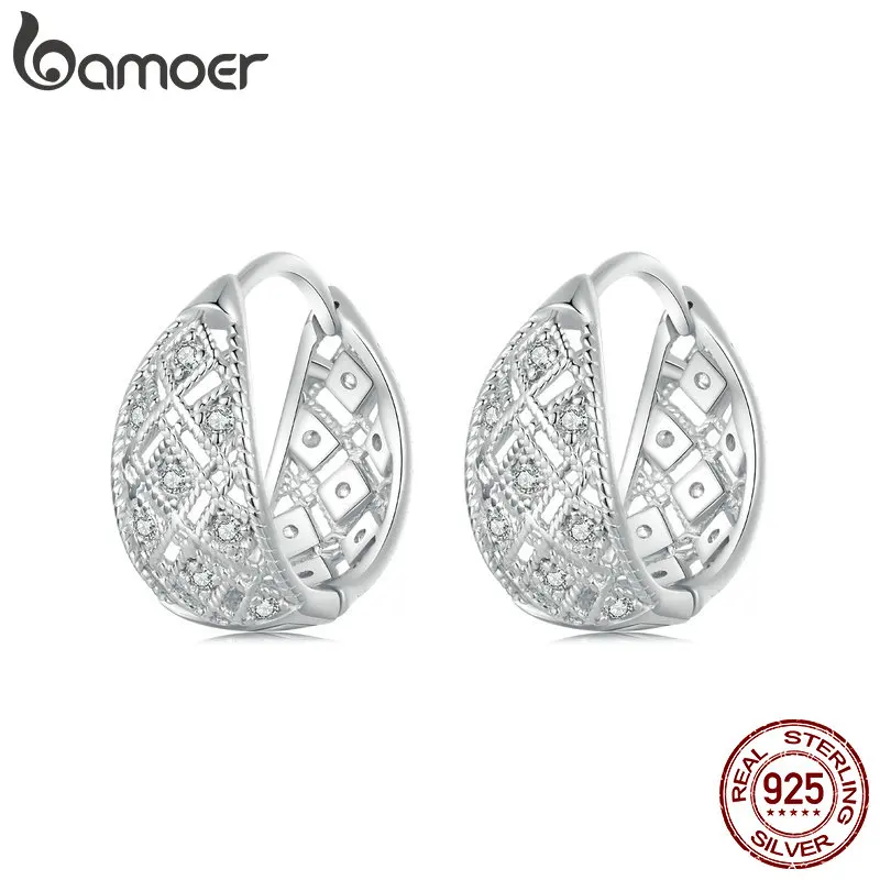 BAMOER Hollow Lace Huggie Hoop Earrings 925 Sterling Silver CZ Hypoallergenic Ear Buckles for Women Jewelry Gift BSE1035