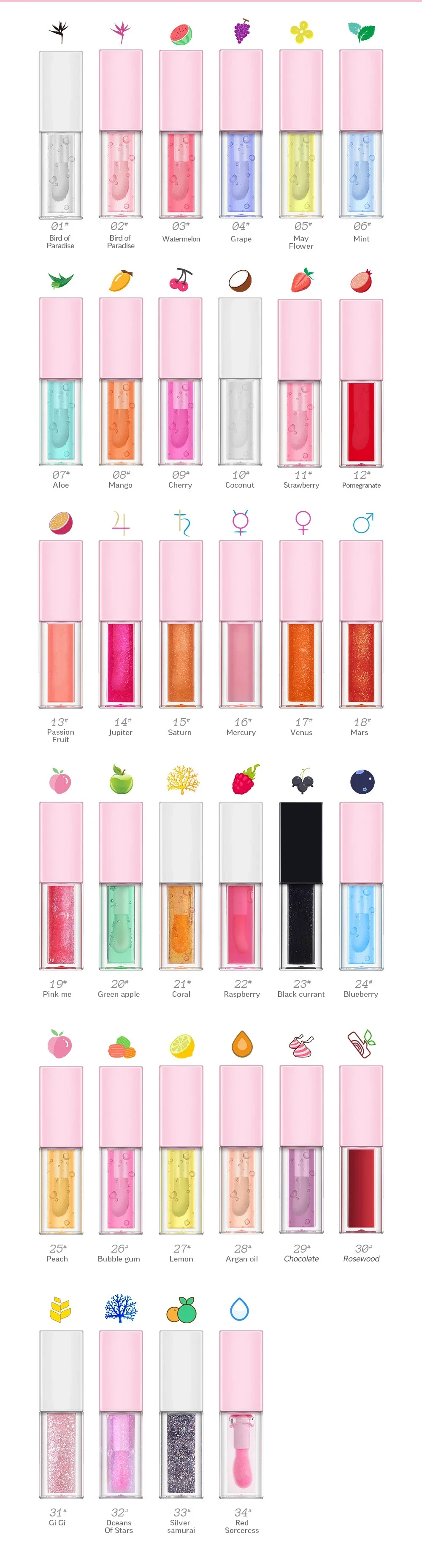 Óleo labial plumping de 30 cores, brilho labial de marca própria, logotipo personalizado, maquiagem colorida de longa duração, cosméticos hidratantes veganos