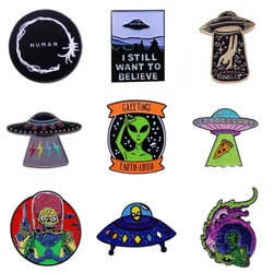 Hard Enamel Pins UFO Scary Alien Lapel Pin Inhaled Spacecraft Cartoon Lapel Brooches Backpack Jewelry Gift For Friends Wholesale