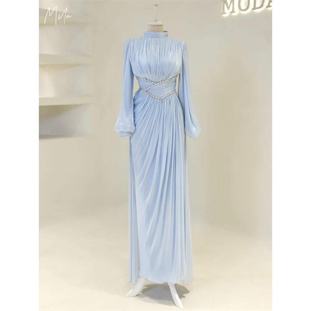 

Мила плиссированные платья для выпускного вечера с высоким воротом и пышными рукавами, индивидуальные вечерние платья с завязкой на талии длиной до пола, платья de fiesta 2025