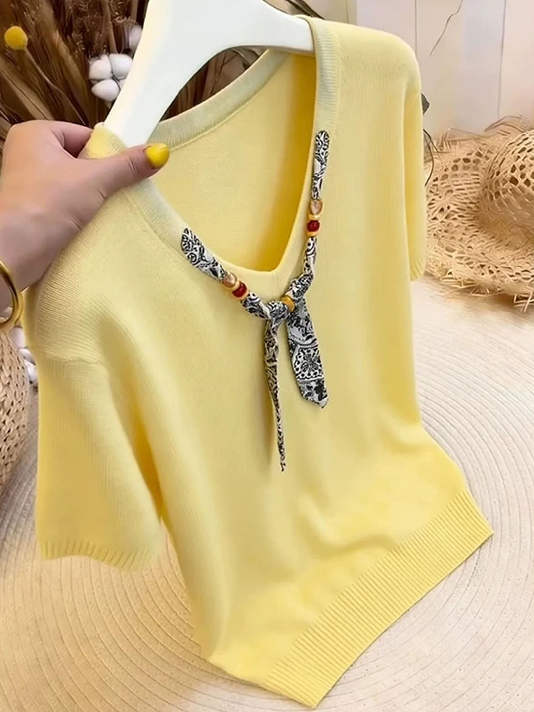 

Korean Style Sweet Casual Versatile Knitwear Top Summer 2026 Fashionable Knitted Shirt Age-Defying round Neck Short Sleeve