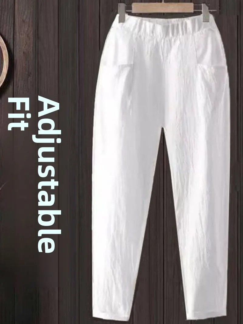 

White Harem Pants Women's Summer Thin Straight Cut Breathable Large Size Short Casual Cotton Linen Pants Mom Trendy