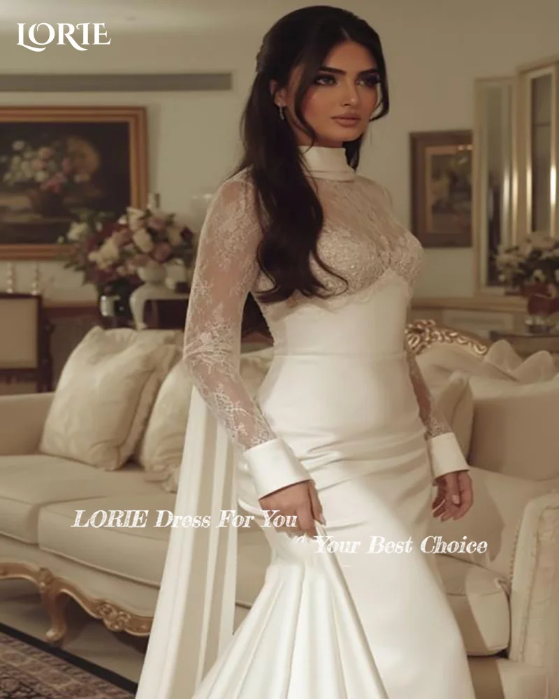 LORIE Shawl Lace Wedding Dress High Collar Long Sleeve Pleats A-line Appliques Mermaid Bride Gown Customized Corset Bride Dress