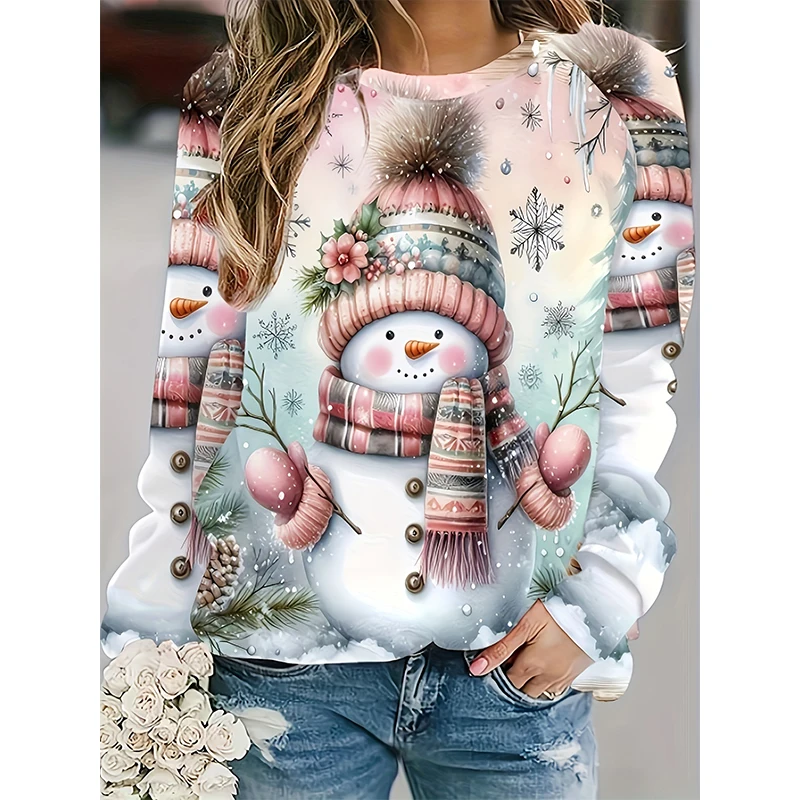 Christmas Snowman 3D Print Sweatshirts Women Fashion Casual Streetwear O-Neck Hoodies Y2k Pullovers Harajuku Tops Woman Clothing