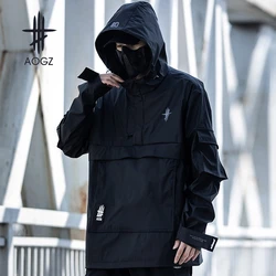 AOGZ Techwear Tactical Bomber Jacket Men Hooded Zipper Windbreaker Jacket Coat Casual Loose Hoodie Pullover Outwear Spring