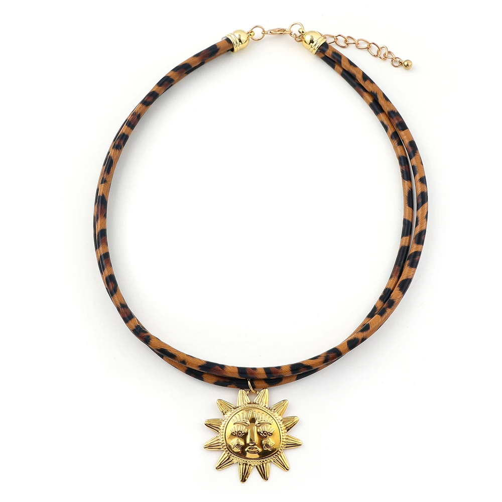 

Boho Y2K Stainless Steel Sun Face Pendant Necklace for Women Girl Gold Color Leopard Print Pu Double-layer Choker Chain Jewelry