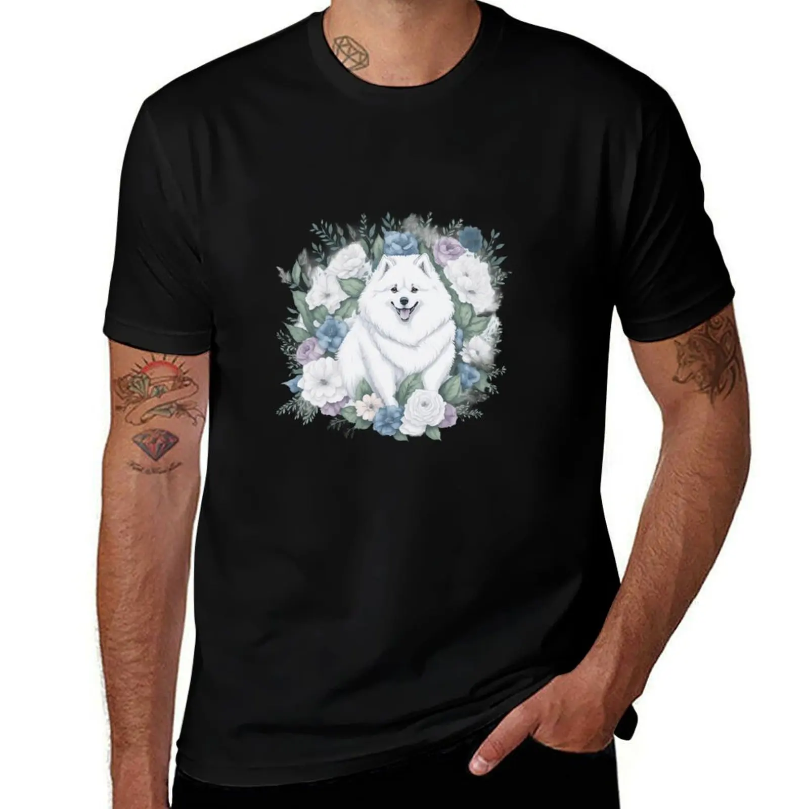 Cute Samoyed with floral T-Shirt Active Sports Short Sleeve Cotton Shirt T-Shirt