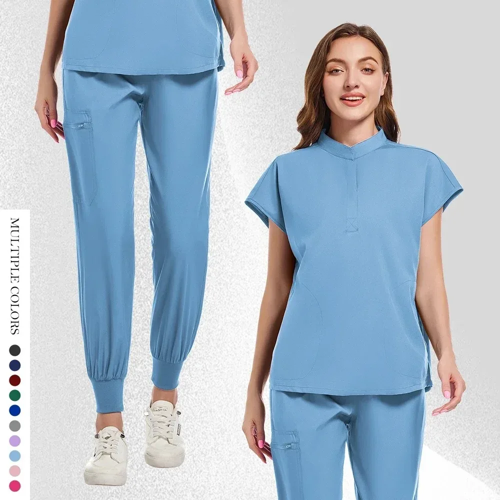 Uniformes de enfermeira hospitalar confortável médico jogger elegante esfrega ternos novo design hospital feminino enfermeira topos e calças esfrega conjunto