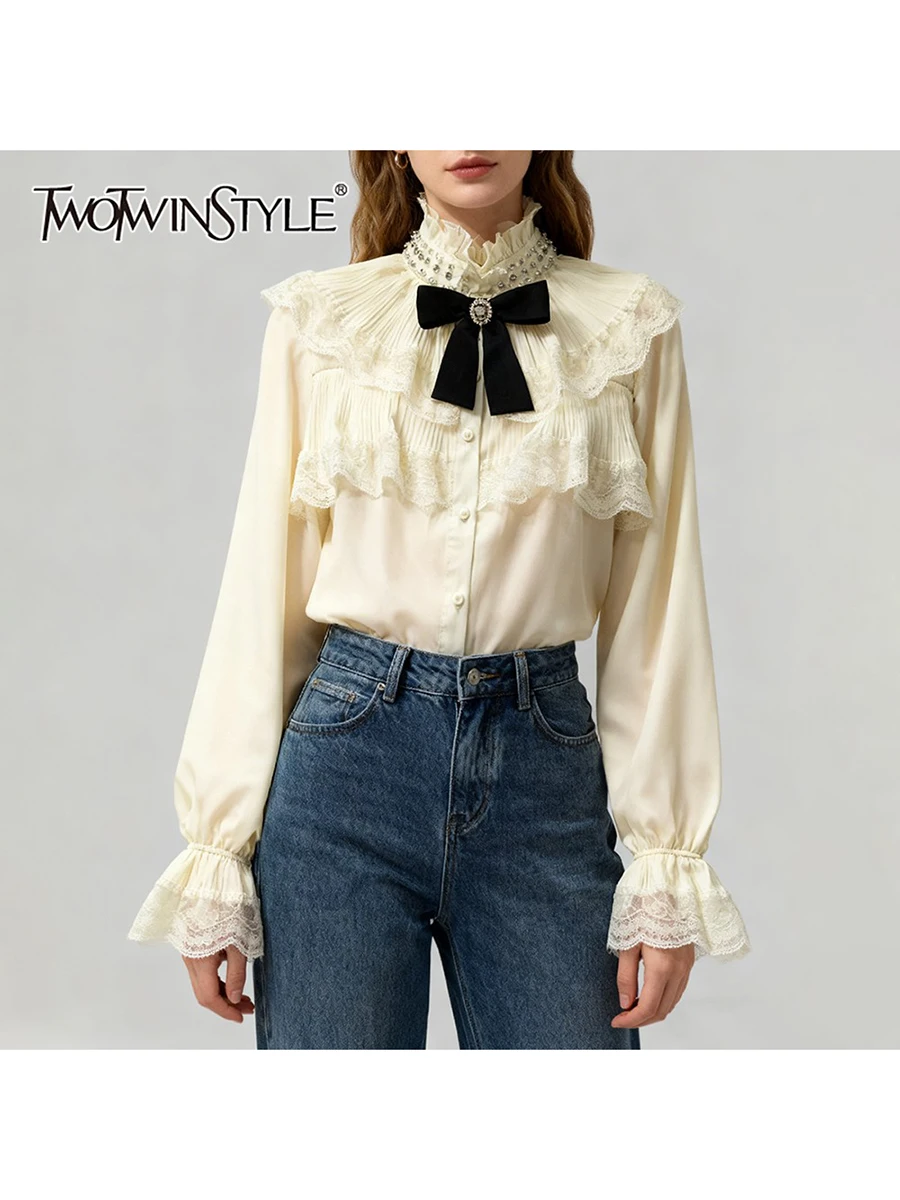 

TWOTWINSTYLE Hit Color Spliced Bowknot Elegant Shirts for Women Stand Neck Long Sleeves Patchwork Lace Sweet Shirt Female New