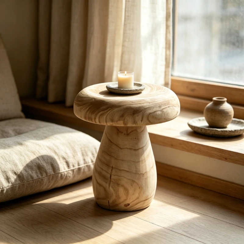 Mushroom Shape Coffee Table for Living Room, Wabi-Sabi Solid Wood Side Table, B&B Soft Decor Accent, Home Art Ornament